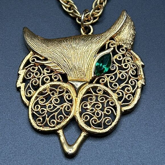 VTG Winking One Green Eyed Cat Pendant Gold Rope Chain Necklace - Picture 2 of 11